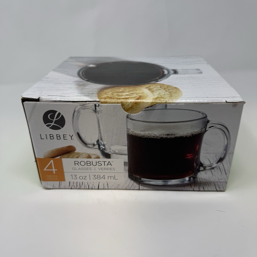 Libbey Robusta Clear Glass Coffee Mugs Set of 4 13 oz Heavy Duty Café Style New